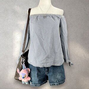 Vineyard Vines Women’s 4 Blue White Off Shoulder Seersucker Stripe Peasant Top